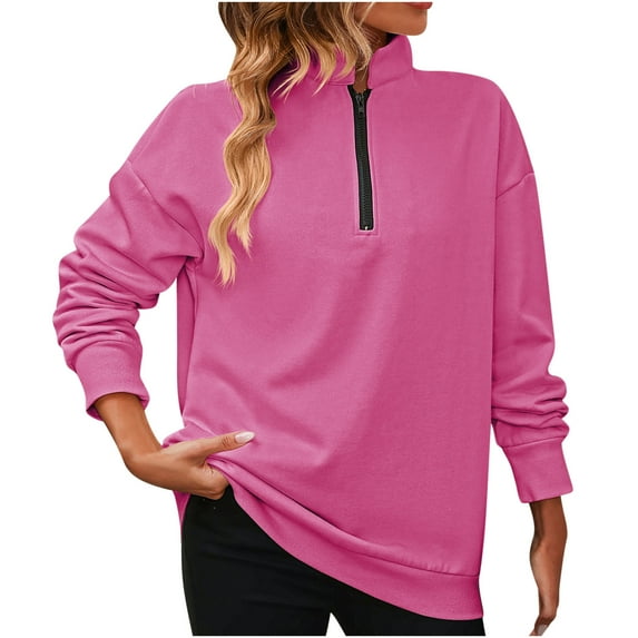 XFLWAM Women Half Zip Oversized Sweatshirt Lightweight Long Sleeve Trendy Fleece Pullover Workout Warm Tops With Pocket Hot Pink M