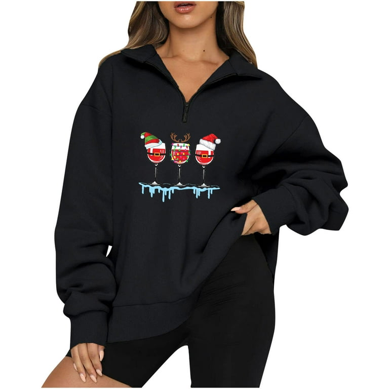 XFLWAM Women Half Zip Oversized Sweatshirts Long Sleeve Merry Christmas  Snowflake Xmas Tree Santas Drop Shoulder Fleece Workout Pullover Black-7 L  