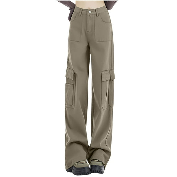 XFLWAM Women High Waist Cargo Pants Solid Color Casual Wide Leg Pants Loose Teen Girls Gym Workout Trousers with Pockets