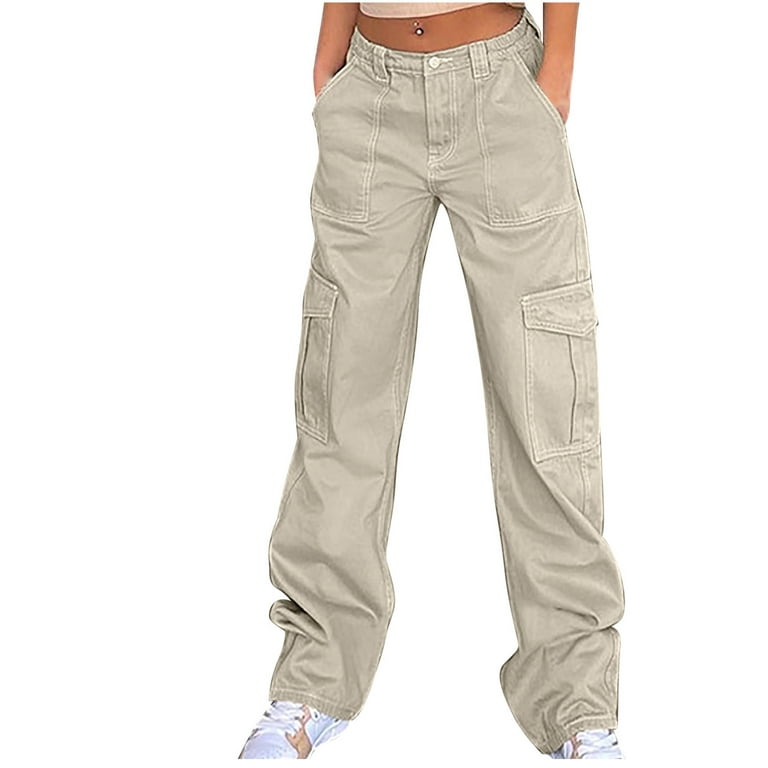XFLWAM Women High Waisted Cargo Pants 90s Casual Straight Jeans Relaxed  Side Pockets Patch Cargo Pants Khaki L
