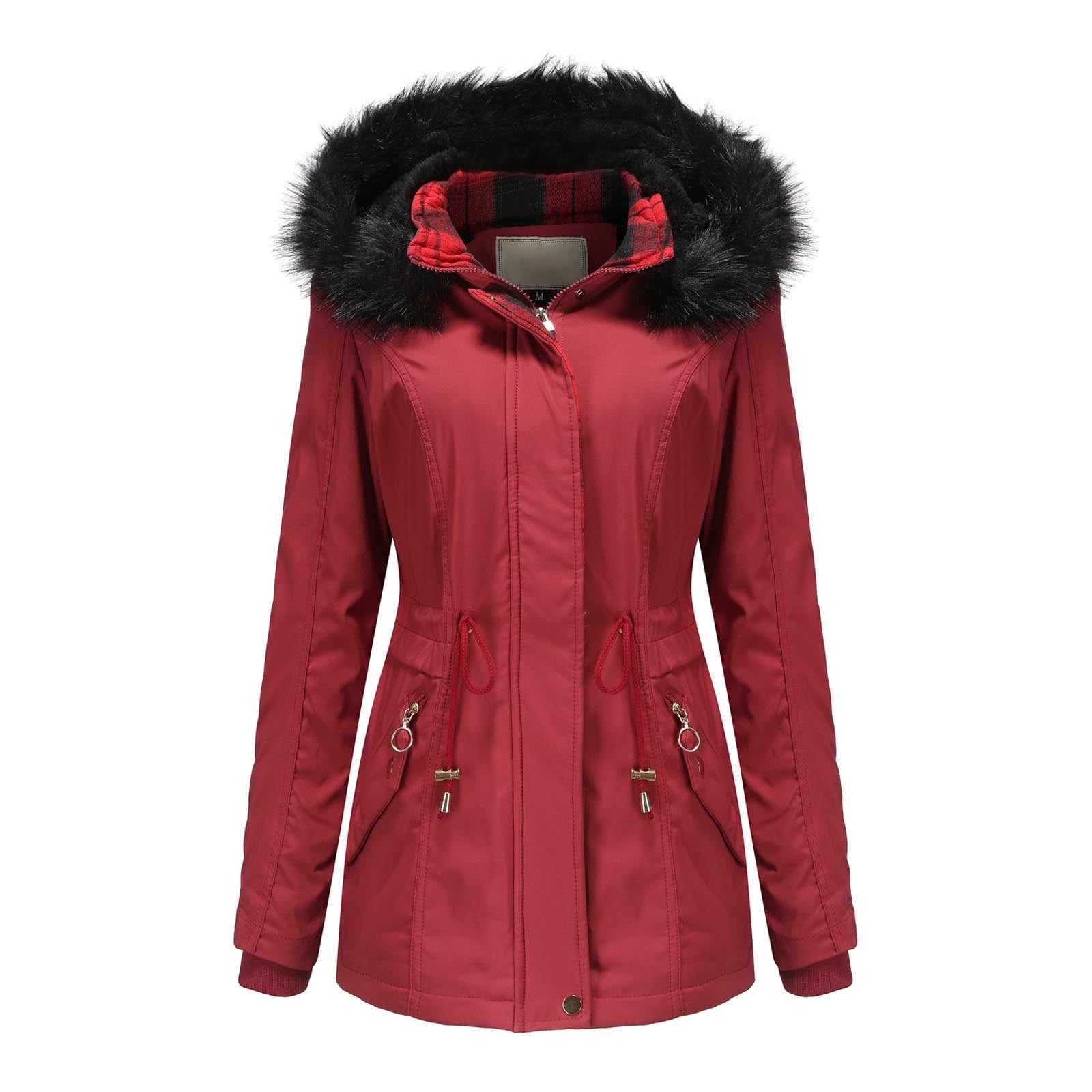 XFLWAM Women Hooded Winter Coat Warm Fleeced Lined Long Jackets Hooded Military Parka Coat Red M