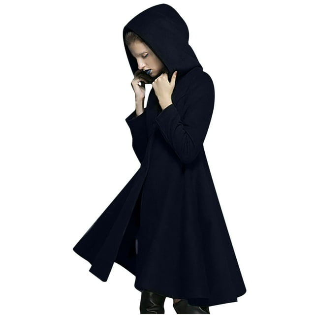 XFLWAM Women Hooded Wool Pea Coat Warm Winter Long Swing Trench Coat Overcoat Jacket with Pocket