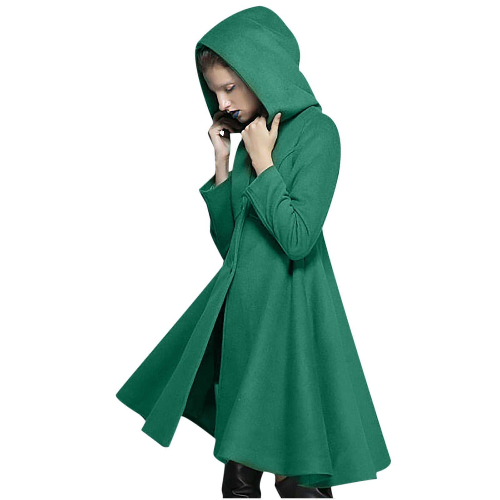 XFLWAM Women Hooded Wool Pea Coat Warm Winter Long Swing Trench Coat  Overcoat Jacket with Pocket Green XL