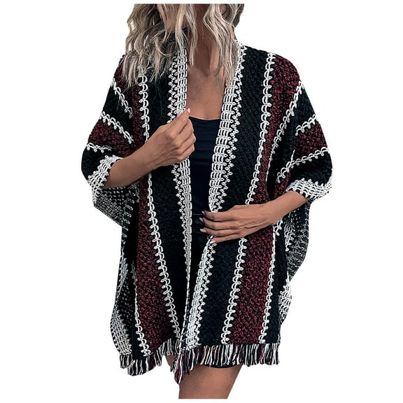 XFLWAM Women Knitted Shawl Wrap Poncho Sweater Bohemian Style Striped Fringed Shawl Cape Outwear White Free Size