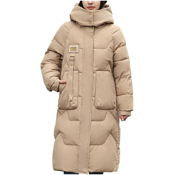 XFLWAM Women Long Quilted Coat Long Sleeve Puffer Jacket Solid Hooded Padded Coats Thick Warm Winter Outerwear Tops Khaki L