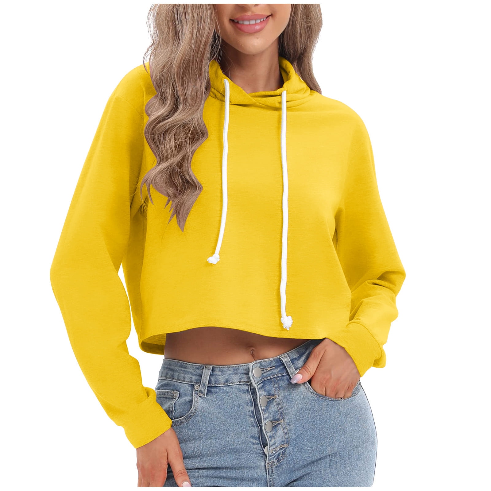 XFLWAM Women Long Sleeve Hoodie Crop Top Joggers Solid Drawstring Hooded  Sweatshirt Yellow M - Walmart.com