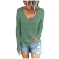 thumbnail image 1 of XFLWAM Women Long Sleeve V Neck Button Up Solid Color Tops Trendy Slim Fit Ribbed Knit Tunic Blouses Casual Henley Shirts Green L, 1 of 9