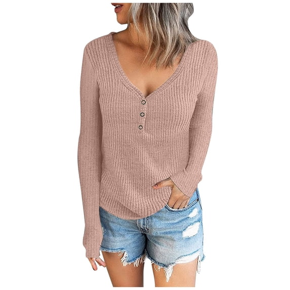 XFLWAM Women Long Sleeve V Neck Button Up Solid Color Tops Trendy Slim Fit Ribbed Knit Tunic Blouses Casual Henley Shirts Pink 5XL