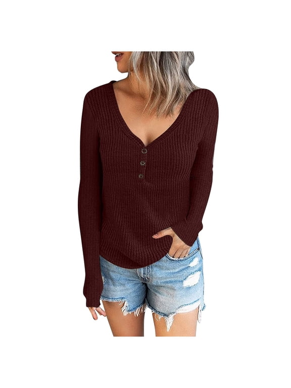Women Long Sleeve V Neck Button Up Solid Color Tops Trendy Slim Fit Ribbed Knit Tunic Blouses Casual Henley Shirts Wine Red XXL