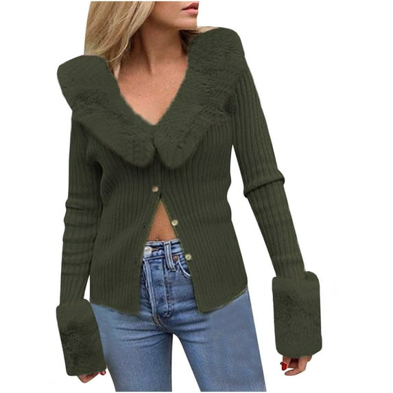 XFLWAM Women Long Sleeve V-Neck Cropped Knit Cardigan Sweaters Pullover Tops with Faux Fur Collar Cuffs Army Green L