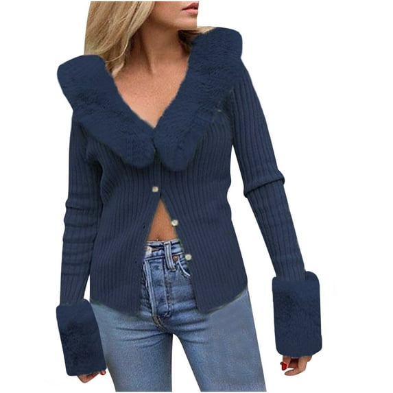 XFLWAM Women Long Sleeve V-Neck Cropped Knit Cardigan Sweaters Pullover Tops with Faux Fur Collar Cuffs Blue S