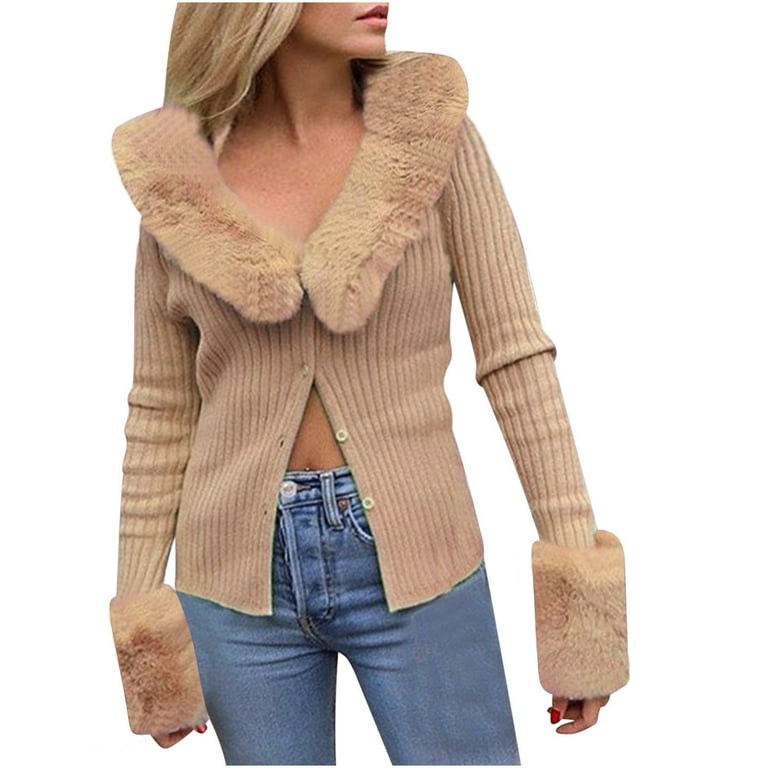 XFLWAM Women Long Sleeve V-Neck Cropped Knit Cardigan Sweaters