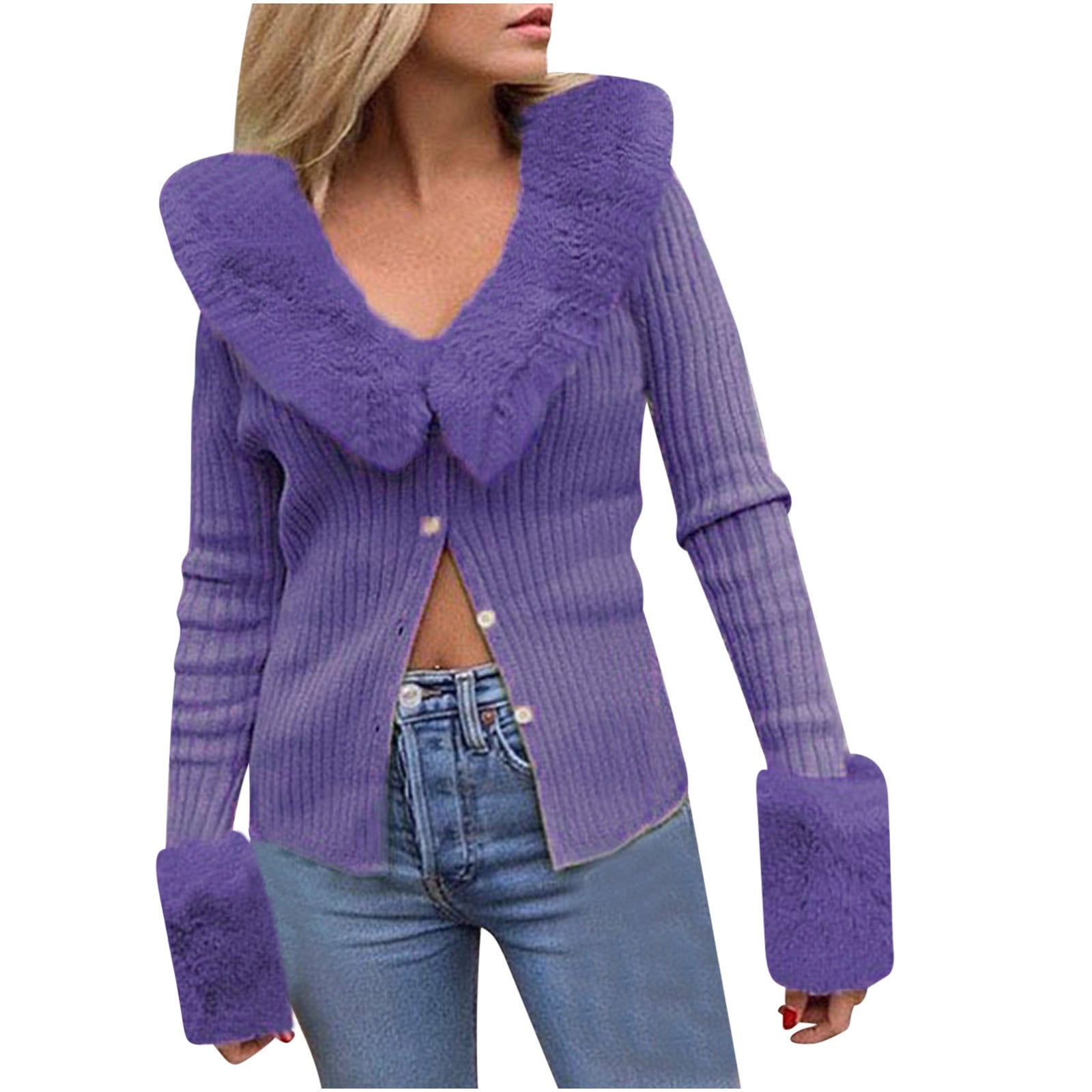 XFLWAM Women Long Sleeve V-Neck Cropped Knit Cardigan