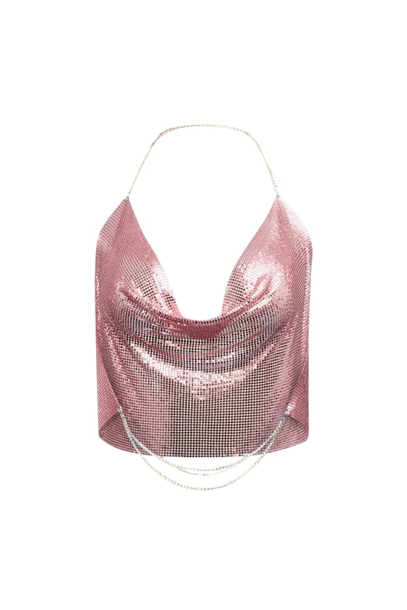 Women Metal Sequin Sparkle Glitter Tank Deep V Neck Spaghetti Strap Backless Chain Halter Crop Tops Party Blouse Gold Free Size