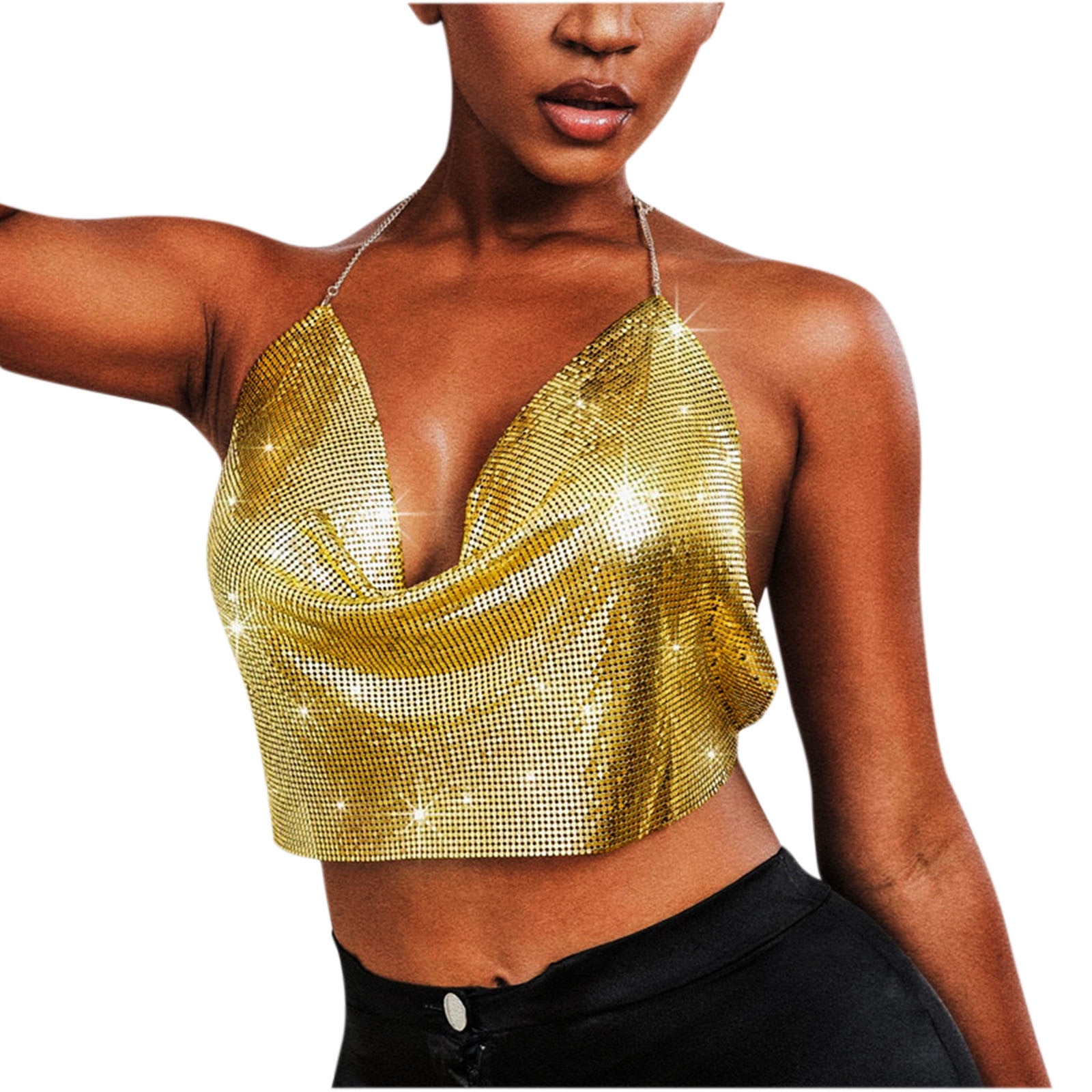 トップス S customize chain tank XFLWAM Women Metal Sequin Sparkle Glitter Tank Deep V Neck