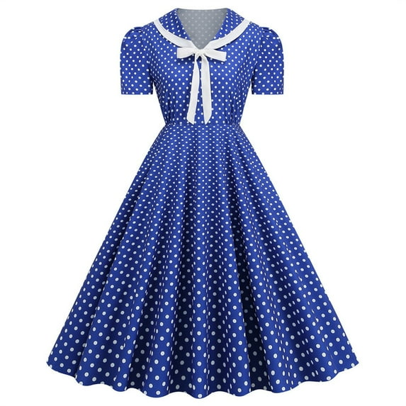 XFLWAM Women Notch Lapel 50s 60s Vintage Short Sleeve V-Neck Cocktail Swing Dress Polka Dot 1950s Rockabilly Prom Party Midi Dress Blue XL