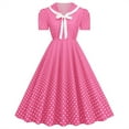 thumbnail image 1 of XFLWAM Women Notch Lapel 50s 60s Vintage Short Sleeve V-Neck Cocktail Swing Dress Polka Dot 1950s Rockabilly Prom Party Midi Dress Pink L, 1 of 8