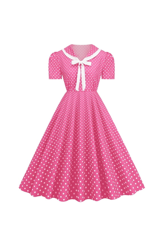 Women Notch Lapel 50s 60s Vintage Short Sleeve V-Neck Cocktail Swing Dress Polka Dot 1950s Rockabilly Prom Party Midi Dress Pink S