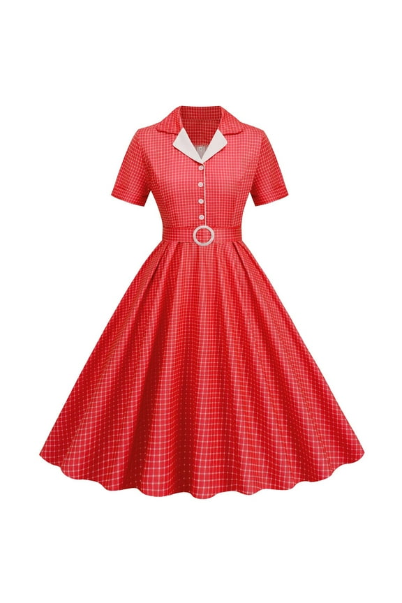 Women Notch Lapel Vintage V-Neck Cocktail Swing Dress 50s 60s Button up 1950s Rockabilly Prom Midi Evening Dress with Pockets Red XL