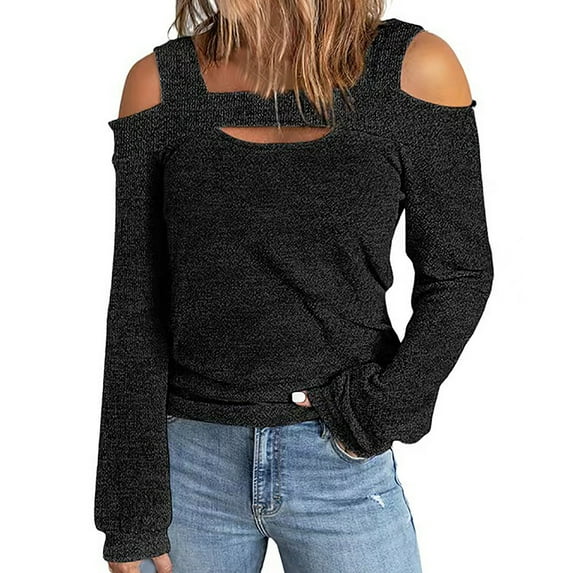 XFLWAM Women Off Shoulder Long Sleeve Tops Front Cutout Slim Fit Stretchy Blouse Cold Shoulder Solid Color T-Shirts Black M