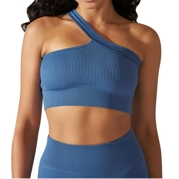 XFLWAM Women One Shoulder Tops Ribbed Seamless Sleeveless Workout Crop Tank Tops Blue M
