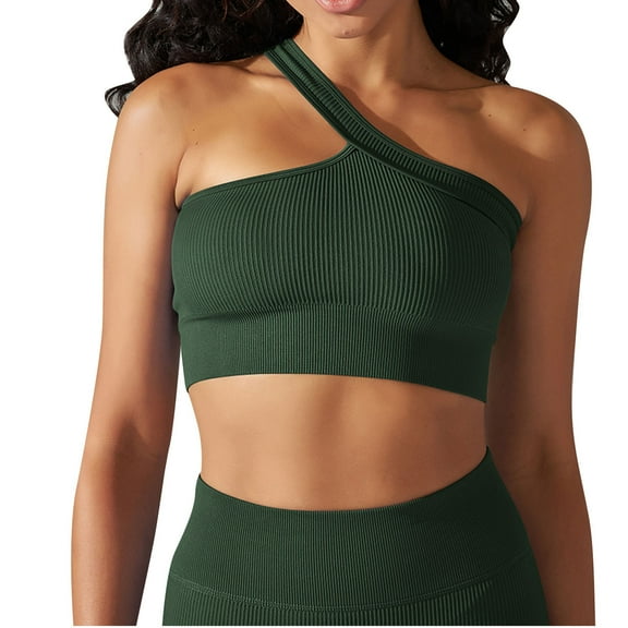 XFLWAM Women One Shoulder Tops Ribbed Seamless Sleeveless Workout Crop Tank Tops Green L