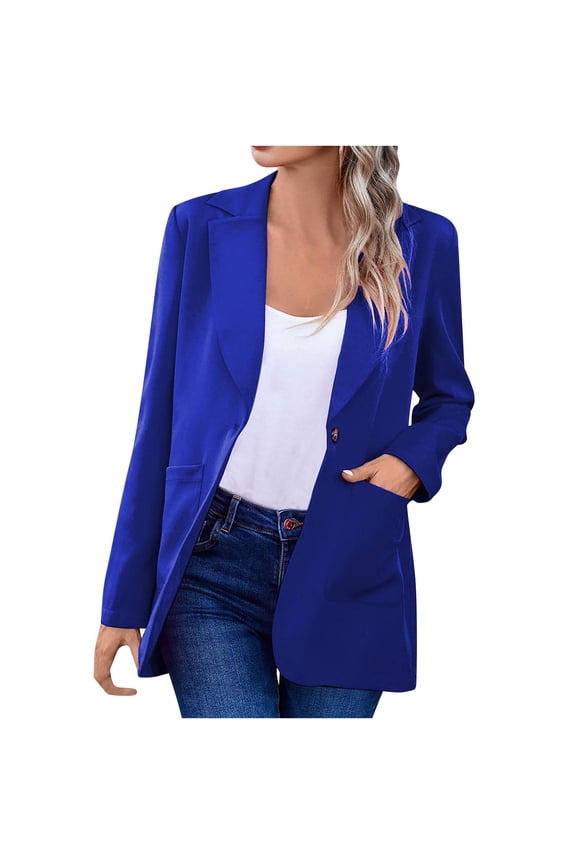 Women Open Front Blazers Notch Lapel Long Sleeve Casual Business Office Slim Suit Jacket with Pockets Blue S