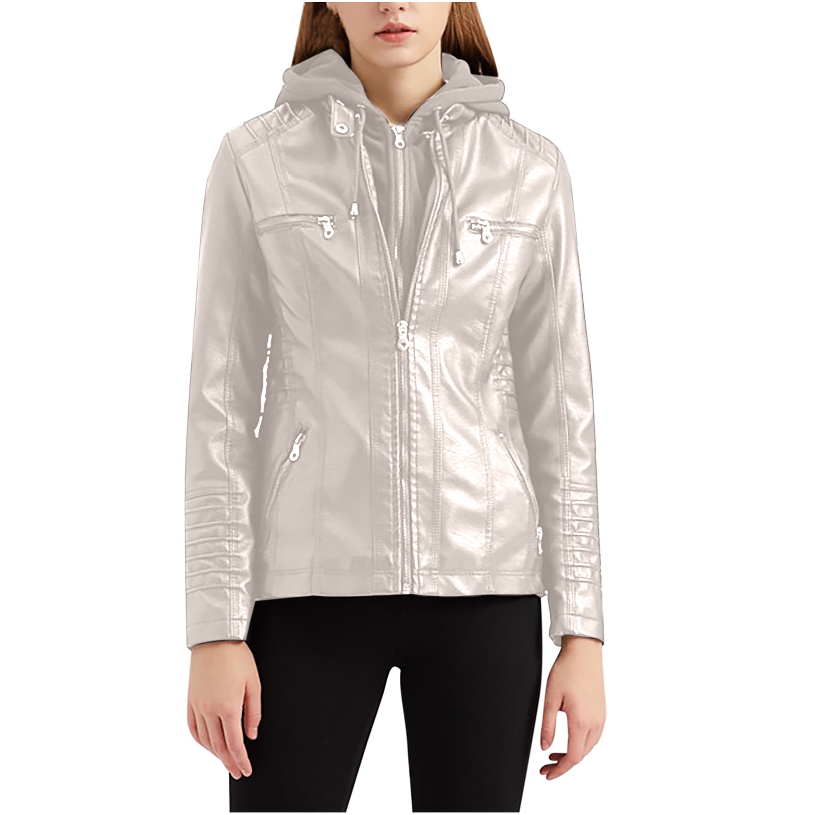 XFLWAM Women Plus Size Fashion Faux Leather Jacket Long Sleeve Zipper Fitted Moto Biker Coat Beige XXL
