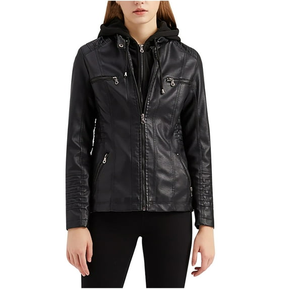 XFLWAM Women Plus Size Fashion Faux Leather Jacket Long Sleeve Zipper Fitted Moto Biker Coat Black-1 M