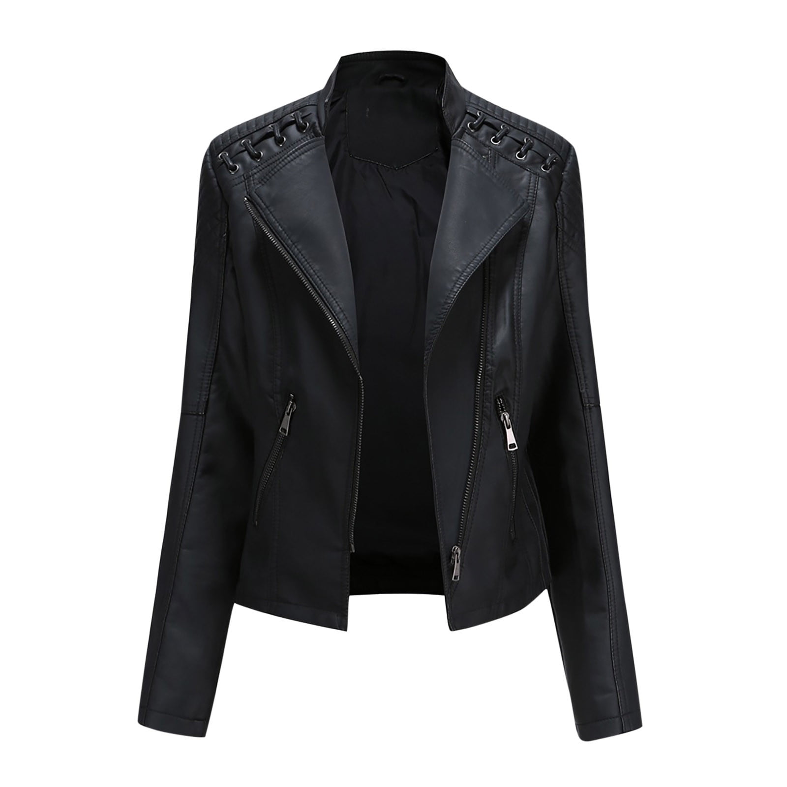 XFLWAM Women Plus Size Fashion Faux Leather Jacket Long Sleeve Zipper Fitted Moto Biker Coat Black-2 S