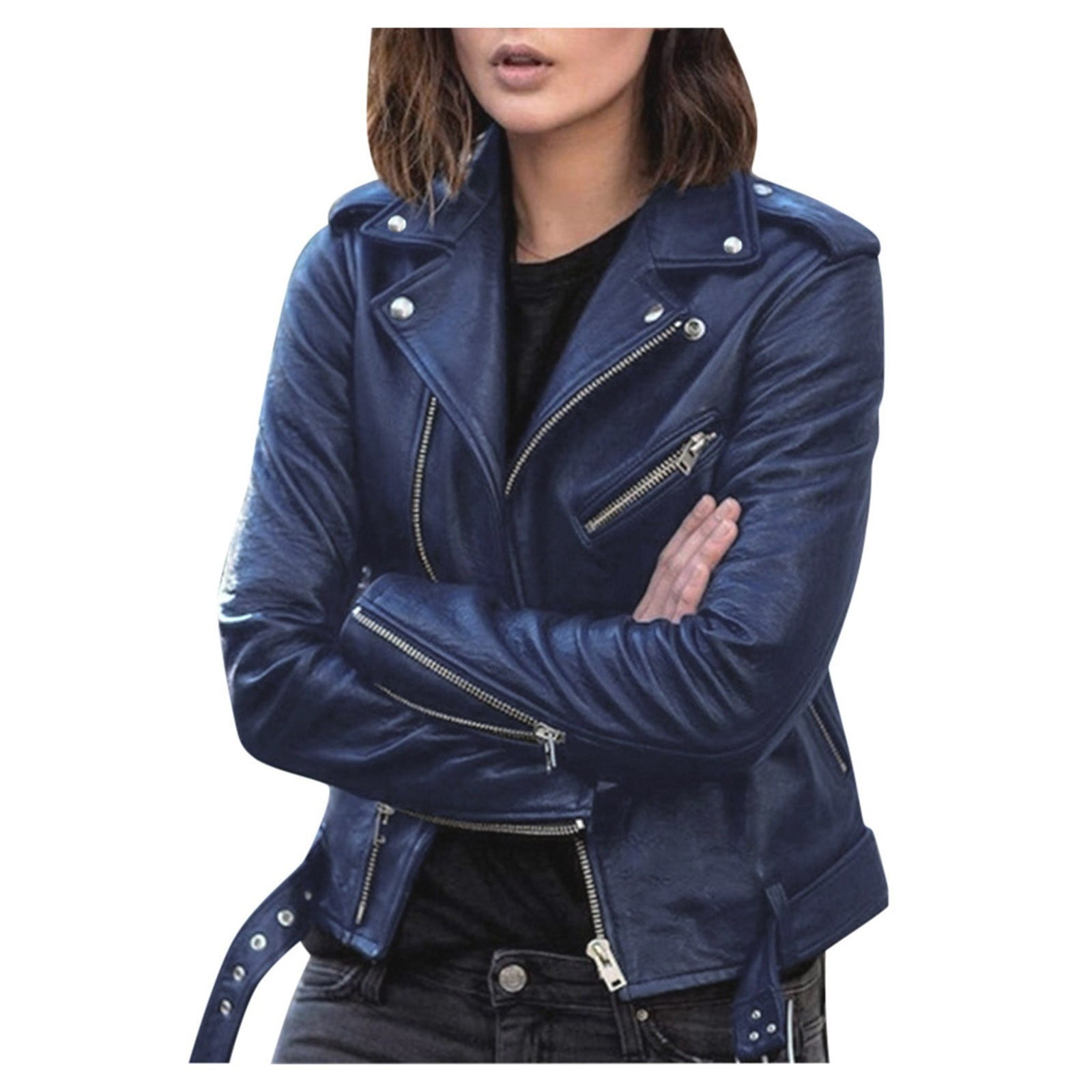XFLWAM Women Size Fashion Leather Jacket Long Sleeve Zipper Fitted Moto Biker Coat Blue S Walmart.com