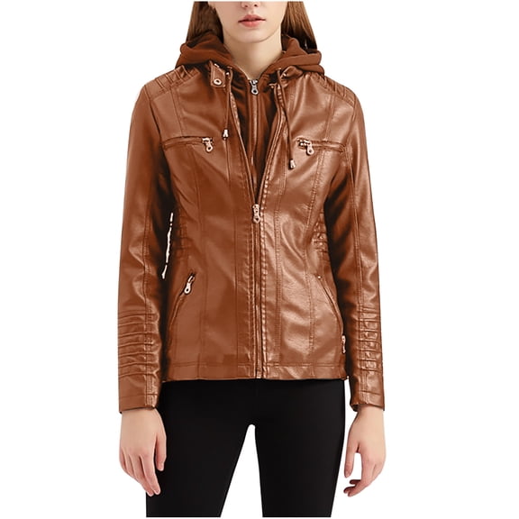 XFLWAM Women Plus Size Fashion Faux Leather Jacket Long Sleeve Zipper Fitted Moto Biker Coat Brown-1 M