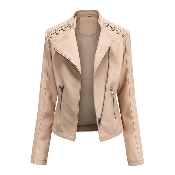 XFLWAM Women Plus Size Fashion Faux Leather Jacket Long Sleeve Zipper Fitted Moto Biker Coat Khaki L