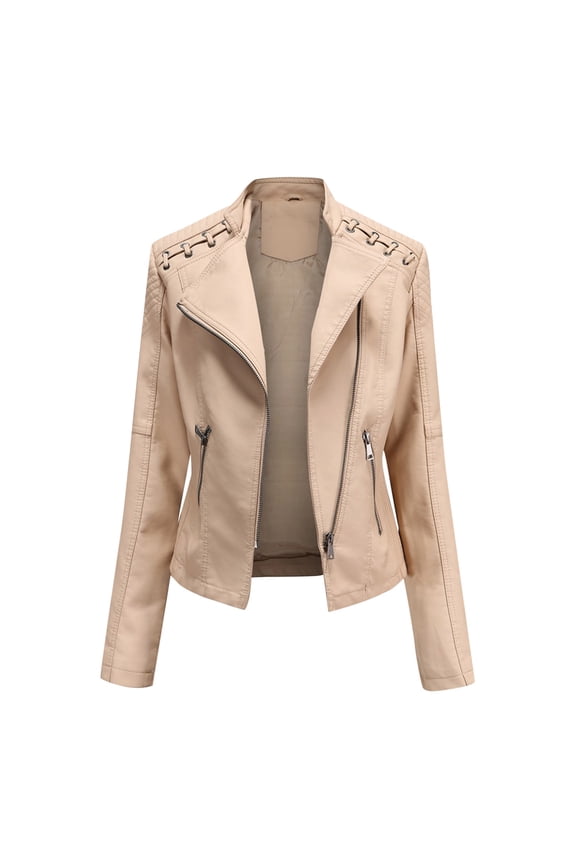 Women Plus Size Fashion Faux Leather Jacket Long Sleeve Zipper Fitted Moto Biker Coat Khaki M