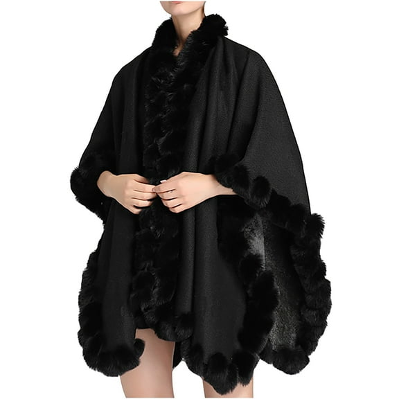 XFLWAM Women Ponchos Faux Fur Oversize Cape Open Front Thicken Knitted Cardigan Cloak Shawl Wraps Black Free Size