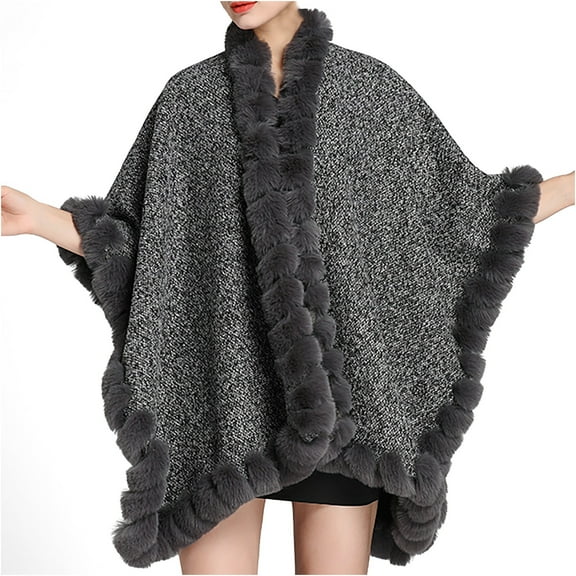 XFLWAM Women Ponchos Faux Fur Oversize Cape Open Front Thicken Knitted Cardigan Cloak Shawl Wraps Dark Gray Free Size