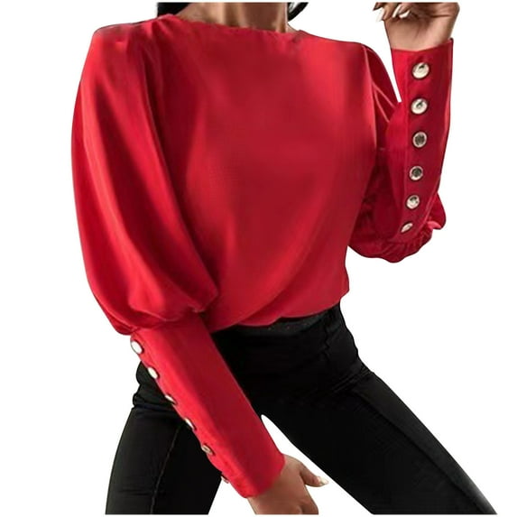XFLWAM Women Puff Long Sleeve Button Cuff Pullovers Tops Round Neck Solid Color Sweatshirts Red XXL