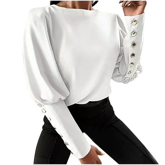 XFLWAM Women Puff Long Sleeve Button Cuff Pullovers Tops Round Neck Solid Color Sweatshirts White S