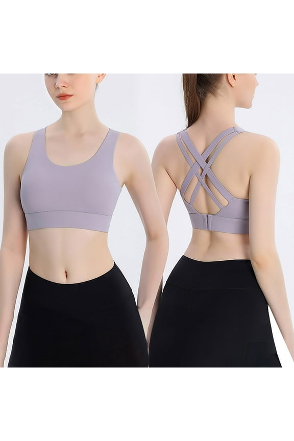 Women Ribbed Strappy Yoga Top Molded Cups Sports Bra Criss Cross Workout Crop Tank Top Purple S