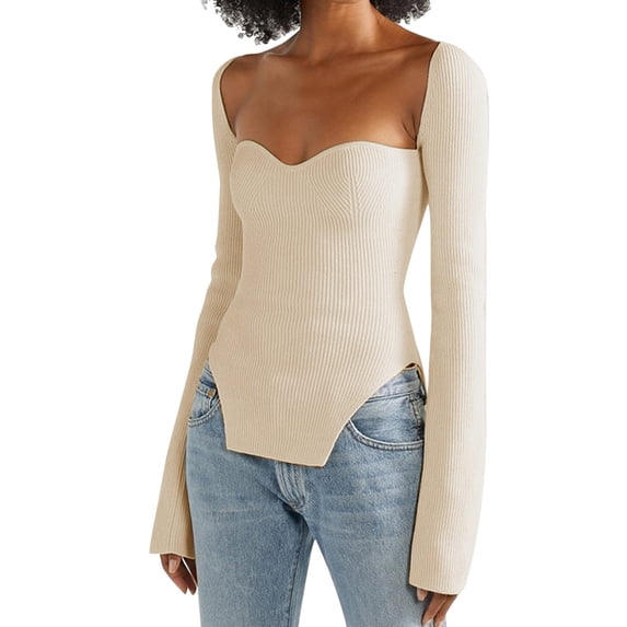 XFLWAM Women Scoop Neck Asymmetrical Hem Knit Sweater Solid Color Long Sleeve Square Neck Slim Fit Knit Pullovers Jumper Tops Beige M