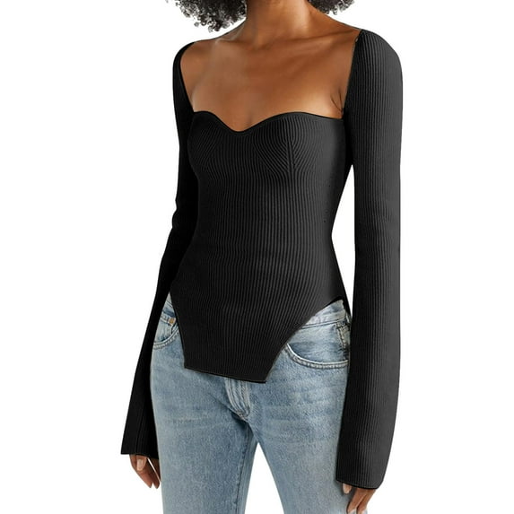 XFLWAM Women Scoop Neck Asymmetrical Hem Knit Sweater Solid Color Long Sleeve Square Neck Slim Fit Knit Pullovers Jumper Tops Black S