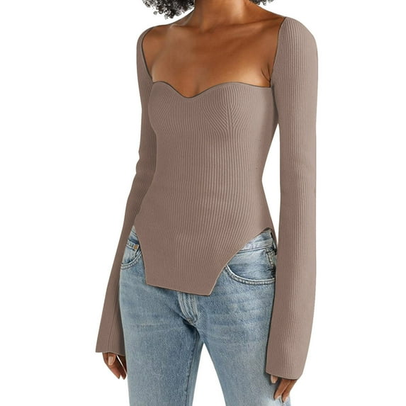 XFLWAM Women Scoop Neck Asymmetrical Hem Knit Sweater Solid Color Long Sleeve Square Neck Slim Fit Knit Pullovers Jumper Tops Khaki M