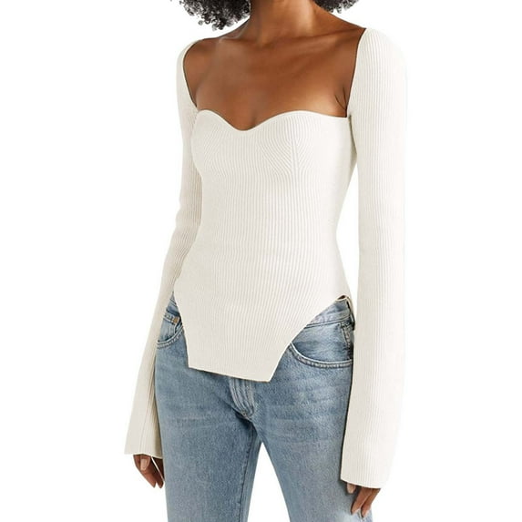 XFLWAM Women Scoop Neck Asymmetrical Hem Knit Sweater Solid Color Long Sleeve Square Neck Slim Fit Knit Pullovers Jumper Tops White L