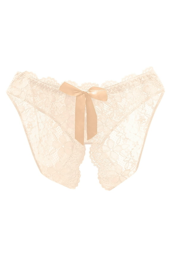 Women Sheer Lace Panties Open Sexy Panties G-string Underwear Tangas Soft Thongs Lingerie Beige L
