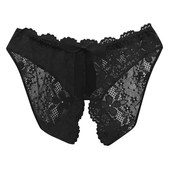 XFLWAM Women Sheer Lace Panties Open Sexy Panties G-string Underwear Tangas Soft Thongs Lingerie Black L