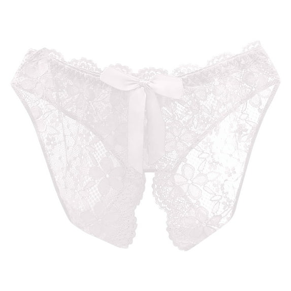 XFLWAM Women Sheer Lace Panties Open Sexy Panties G-string Underwear Tangas Soft Thongs Lingerie White L