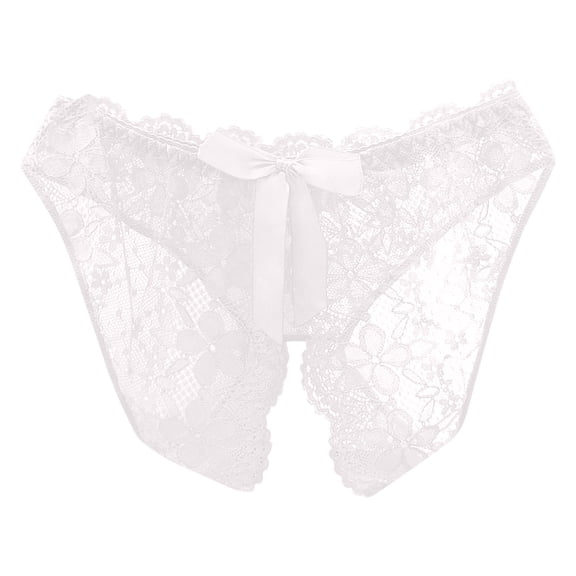 XFLWAM Women Sheer Lace Panties Open Sexy Panties G-string Underwear Tangas Soft Thongs Lingerie White M