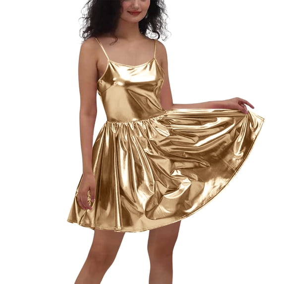XFLWAM Women Shiny Metallic Mini Dress Sleeveless Spaghetti Strap A Line Swing Party Dress for Cocktail Nightclub