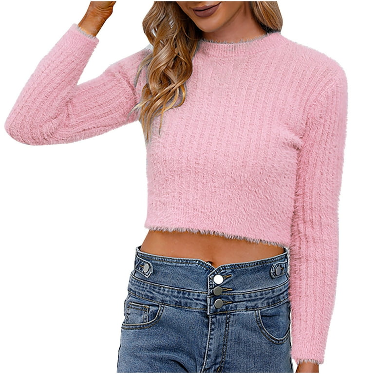 Womens Sexy Crew Neck Cropped Sweaters Ribbed Knit Long Sleeve