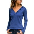 thumbnail image 1 of XFLWAM Women Solid Color Shirts Deep V-Neck Long Sleeve Casual Slouchy Loose Blouses Faux Button Lightweight Pullover Top Blue L, 1 of 4